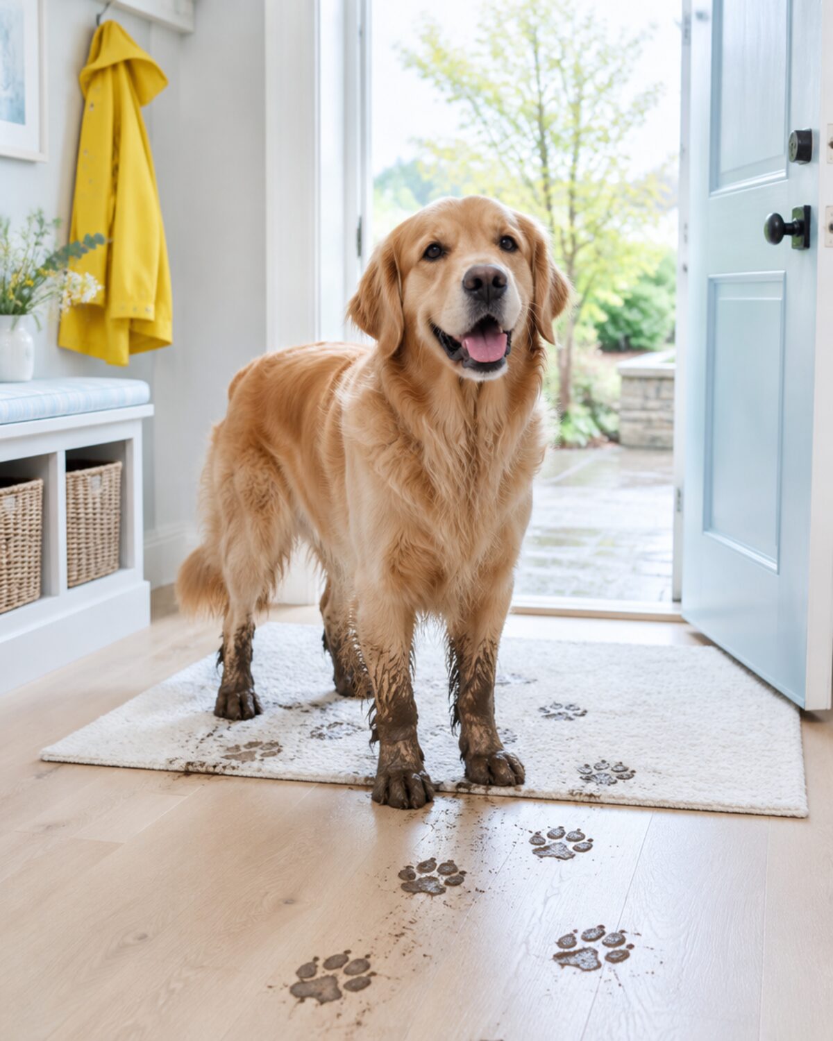 A golden retriever in a hallway with muddy paws and prints on the floor