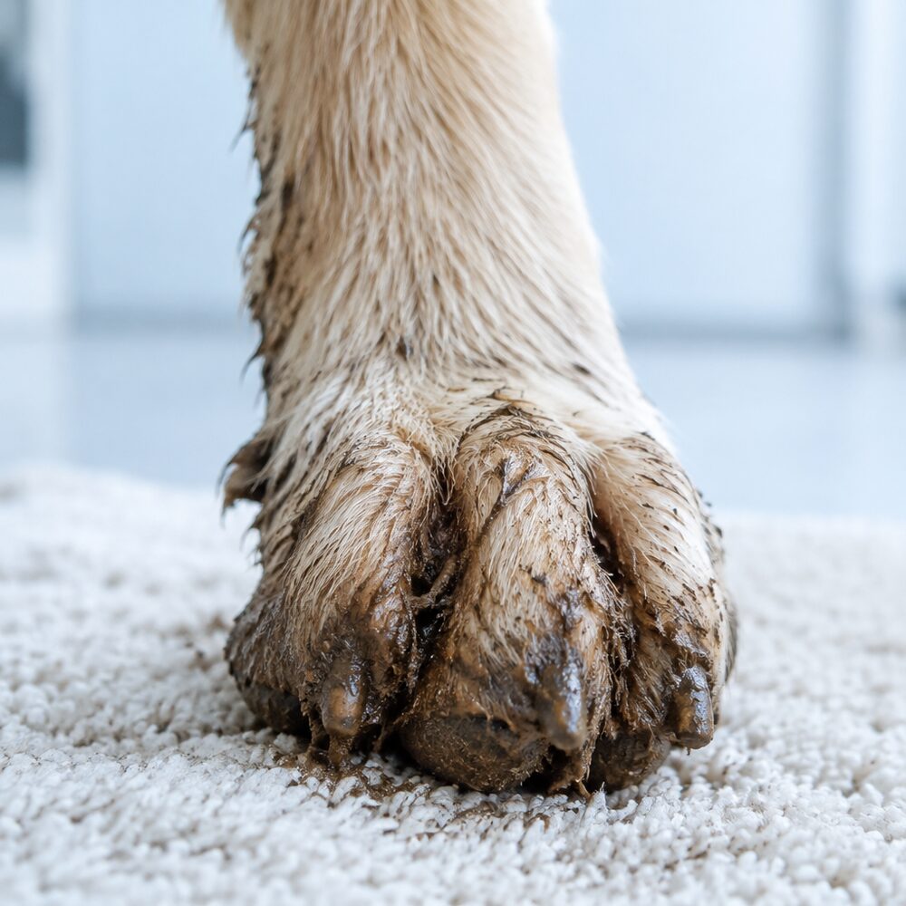 Close-up of a muddy dog paw on a doormat