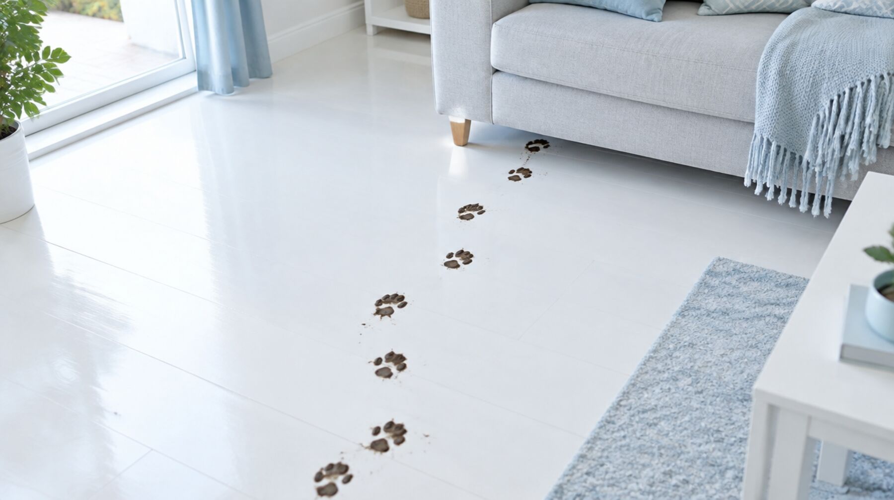 A trail of muddy paw prints across a white floor toward a sofa