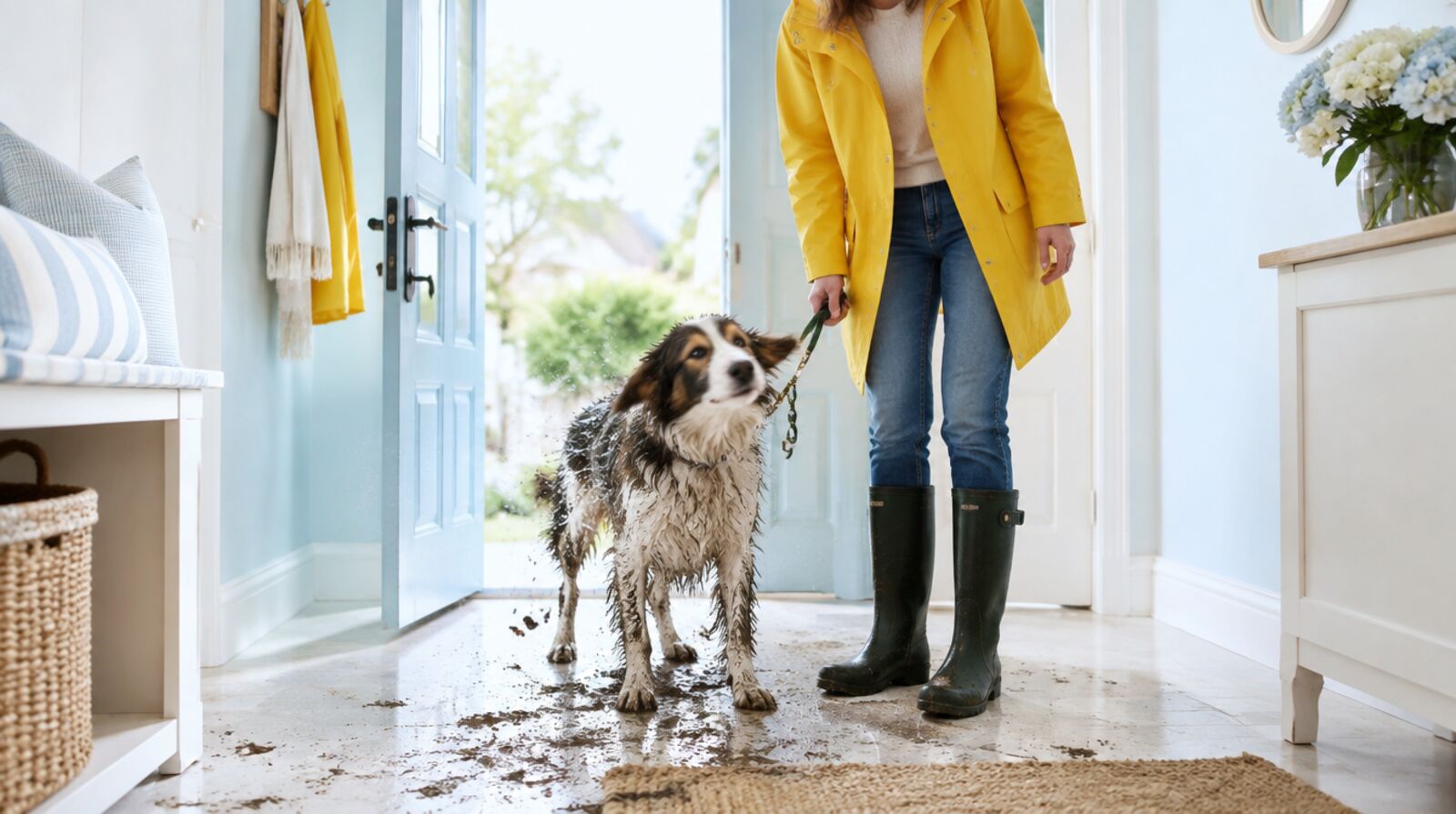A person in a yellow raincoat at the front door with a muddy dog shaking off water